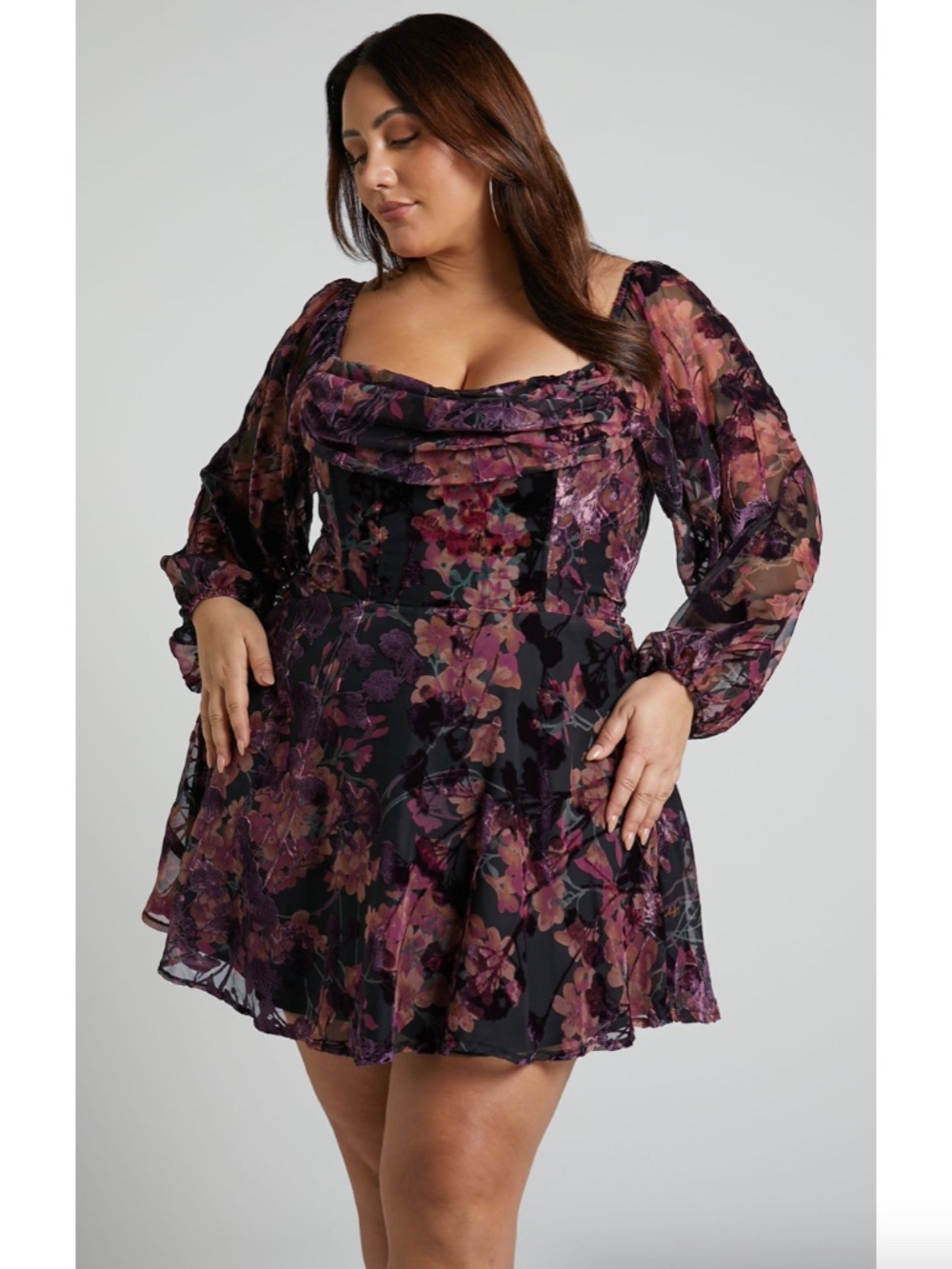 Showpo Jessell Mini Dress Long Sleeve Cowl Corset Burn Out Floral Women's 16